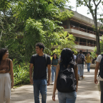 Campus universitário em uma cidade de fronteira amazônica, com estudantes caminhando por uma área externa arborizada, sem textos, logotipos ou placas legíveis