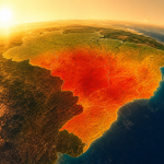 Mapa meteorológico ilustrativo do Brasil sob alerta de onda de calor, sem textos, números ou elementos legíveis