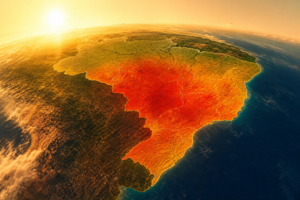 Mapa meteorológico ilustrativo do Brasil sob alerta de onda de calor, sem textos, números ou elementos legíveis