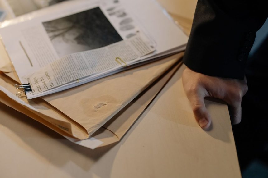 Mão apoiada sobre uma mesa ao lado de documentos de investigação e recortes de jornal.